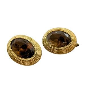 Vintage Signed EMMONS Amber Color Glass Textured Gold Tone Clip On Earrings